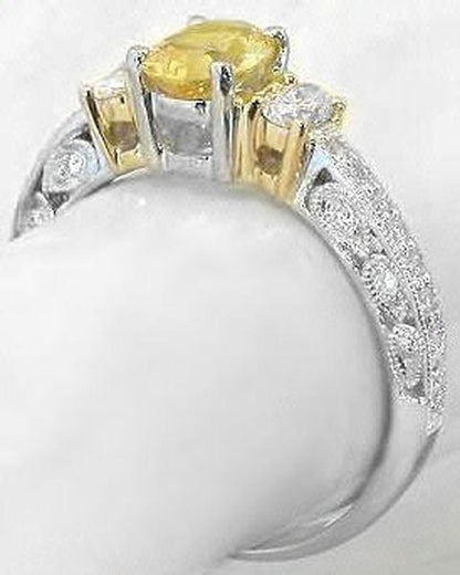 Platinum Oval Natural Yellow Sapphire and Diamond Three Stone Engagement Ring- Vintage Styling