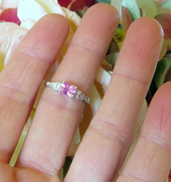 East West Set Genuine Radiant Cut Pink Sapphire and Baguette Diamond Ring in 14k white gold
