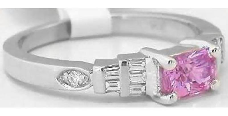 Petite Natural Pink Sapphire Engagement Ring with Real Baguette Diamonds in 14k white gold for sale