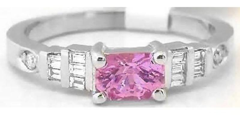 Petite East West Set Radiant Cut Pink Sapphire Ring with Real Baguette Diamonds in 14k white gold