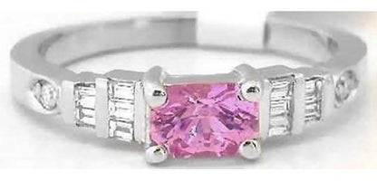 Petite East West Set Radiant Cut Pink Sapphire Ring with Real Baguette Diamonds in 14k white gold