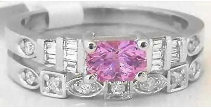 Petite Natural Radiant Pink Sapphire Ring and Band Engagement Set in real 14k white gold for sale