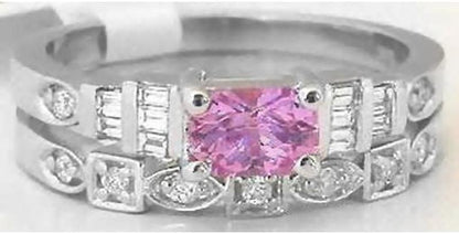 Petite Natural Radiant Pink Sapphire Ring and Band Engagement Set in real 14k white gold for sale