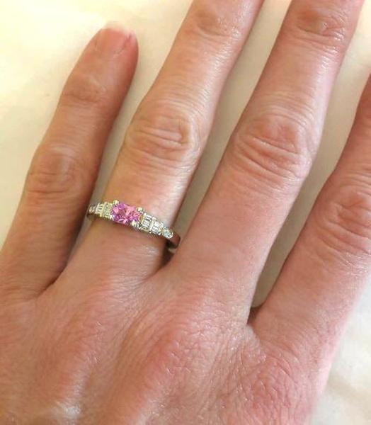 Petite East West Set Radiant Cut Pink Sapphire Ring with Real Baguette Diamonds in 14k white gold