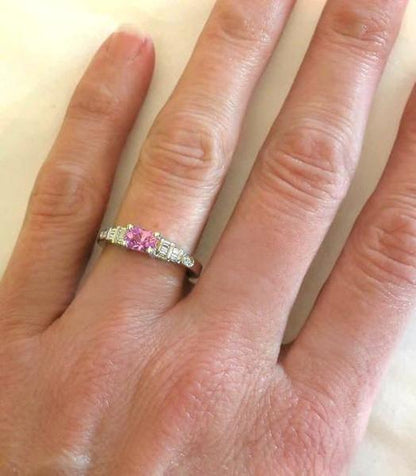 Petite East West Set Radiant Cut Pink Sapphire Ring with Real Baguette Diamonds in 14k white gold