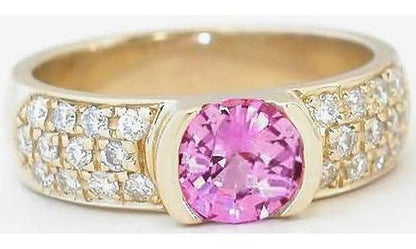Pave set round cut natural pink sapphire engagement ring in 14k yellow gold