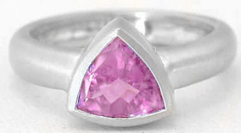 Trillion Natural Pink Sapphire Ring - Bezel Set Solitaire in 14k white gold