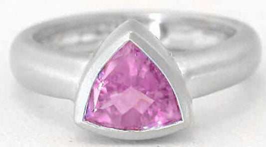 Trillion Natural Pink Sapphire Ring - Bezel Set Solitaire in 14k white gold
