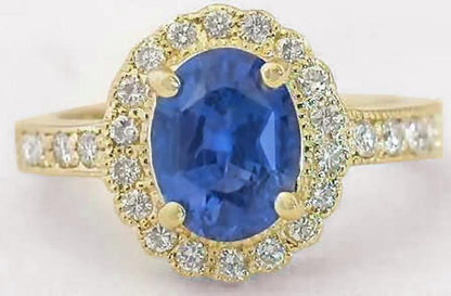 Natural Unheated Blue Sapphire Engagement Ring - Real Oval Ceylon Sapphire in 14k Yellow gold