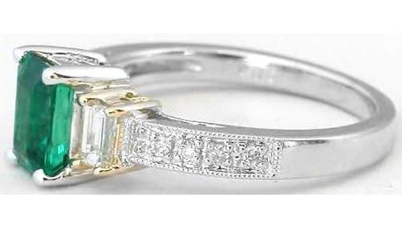 Genuine Emerald Ring with Baguette Diamonds in 14k white gold