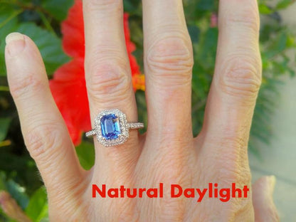 Emerald Cut Unheated Natural Ceylon Blue Sapphire Engagment Ring with Real Diamond Halo in 14k white gold for sale