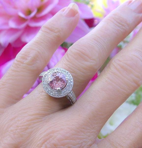 Natural Light Pink Round Sapphire Ring with Real Double Diamond Halo in 14k white gold - Like a Pink Diamond