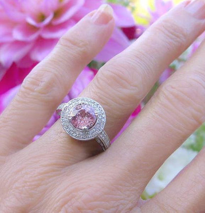 Natural Light Pink Round Sapphire Ring with Real Double Diamond Halo in 14k white gold - Like a Pink Diamond