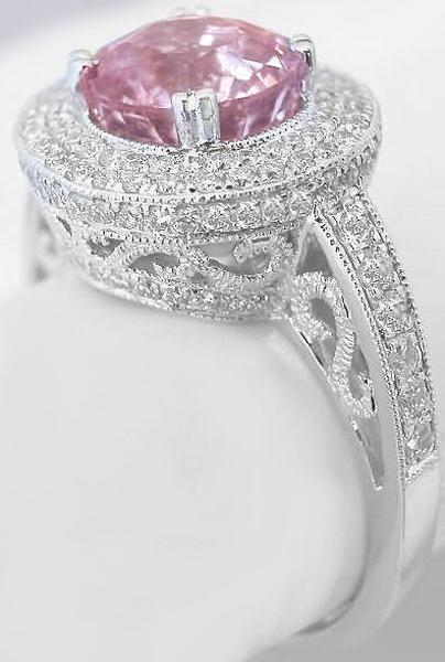 Milgrain and Filigree Detail for Unique Diamond Statement Ring with Round Light Pink Sapphire