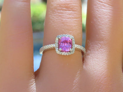 Natural Bright Pink Sapphire and Diamond Ring in 14k white gold