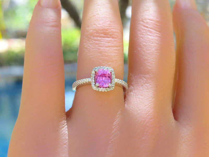 Natural Hot Pink Sapphire and Diamond Halo Ring in 14k white gold