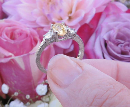 Light Yellow Natural Sapphire Ring with Round White Sapphire sides in real 14k white gold