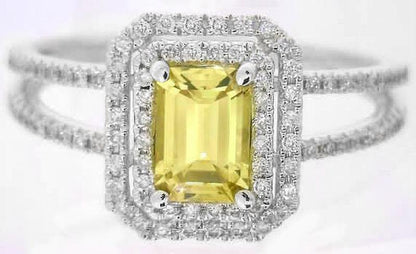 Emerald cut natural yellow sapphire ring in 14k white gold