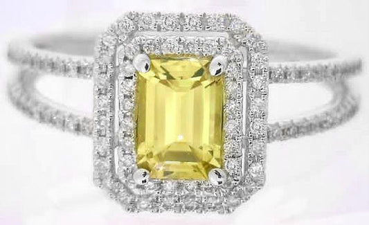 Emerald cut natural yellow sapphire ring in 14k white gold