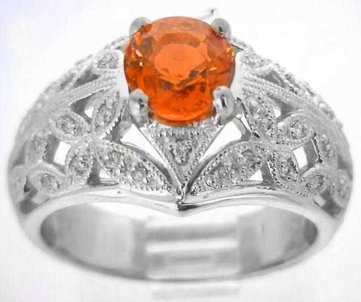 1.37 carat (6.4mm round) Orange Sapphire with Floral Design Diamond Wide Band Ring in 14k gold