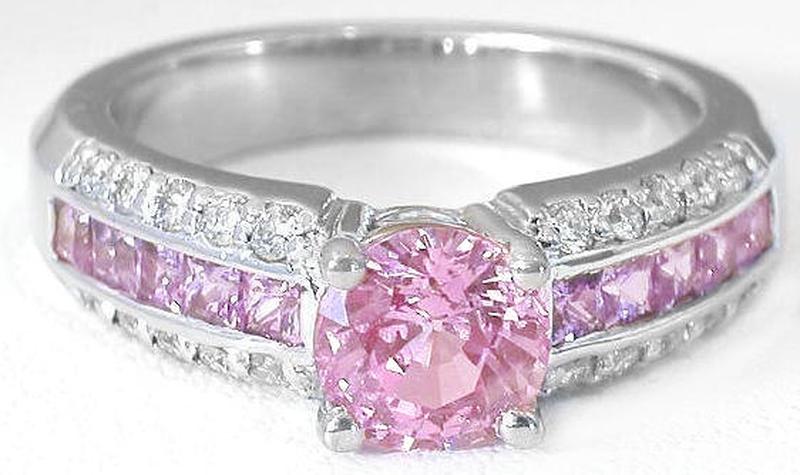 Round cut natural pink sapphire ring in 14k white gold
