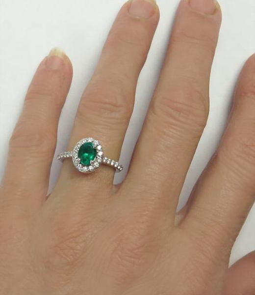 Diamond Halo Engagement Ring with Fine Quality Oval Colombian Emerald and Fine Quality Round Diamonds in 14k white gold