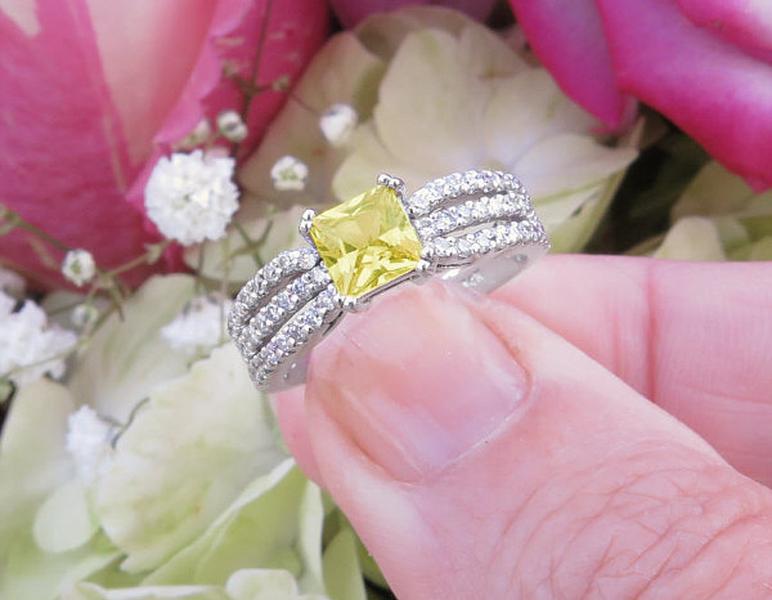 Princess Cut Natural Yellow Sapphire Statement Ring with real diamond set in a solid gold split shank band