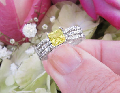 Princess Cut Natural Yellow Sapphire Statement Ring with real diamond set in a solid gold split shank band