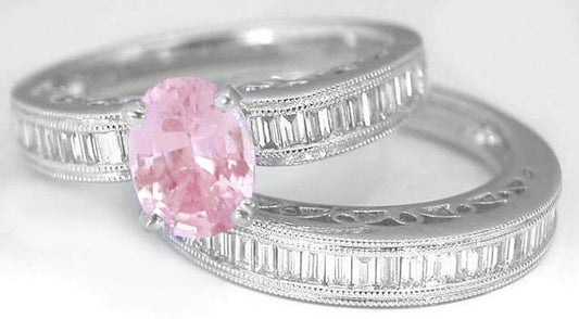 Natural pink sapphire engagement ring in 18k white gold