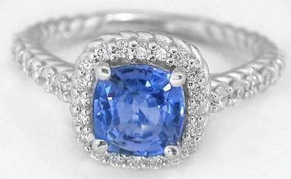 Cushion cut natural sapphire ring in 14k white gold