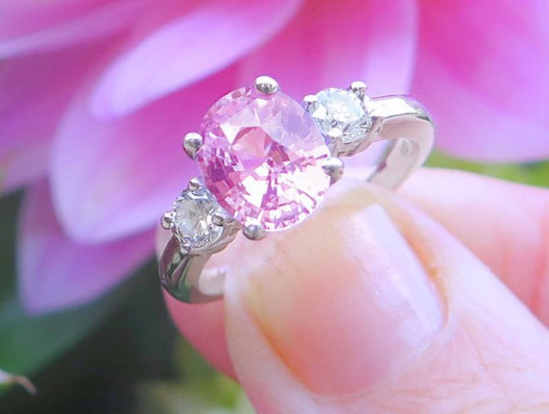 Large Oval Natural Pink Sapphire and Diamond Three Stone Ring in 14k white gold for sale