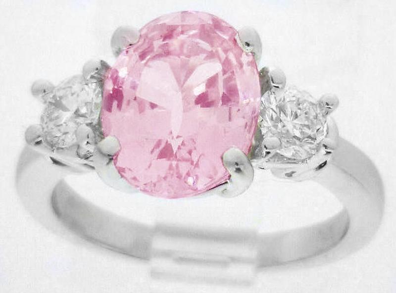 Classic Three Stone Pink Diamond Like Sapphire and Round Diamond Ring in 14k white gold
