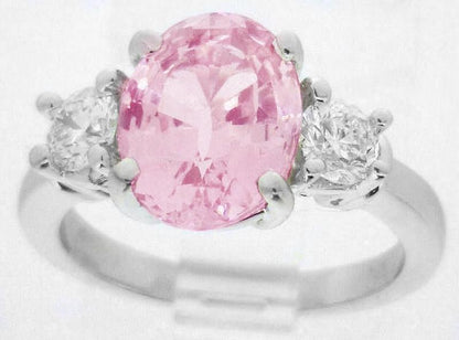 Classic Three Stone Pink Diamond Like Sapphire and Round Diamond Ring in 14k white gold
