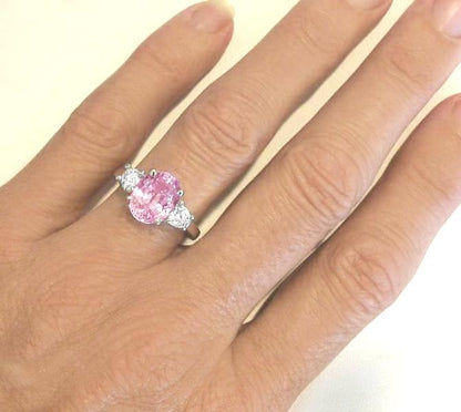 Past Present Future Engagement Rings with Pink Sapphire Center and Side Diamonds in 14k
