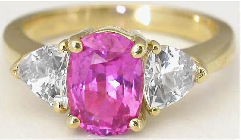 Heirloom Quality Unheated Pink Sapphire and White Sapphire Past Present Future Ring in 14k yellow gold