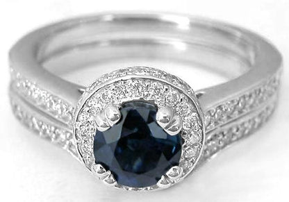 1.44 ctw Round Sapphire and Diamond Engagement Ring in 14k white gold with 0.18 ctw Diamond Matching Band
