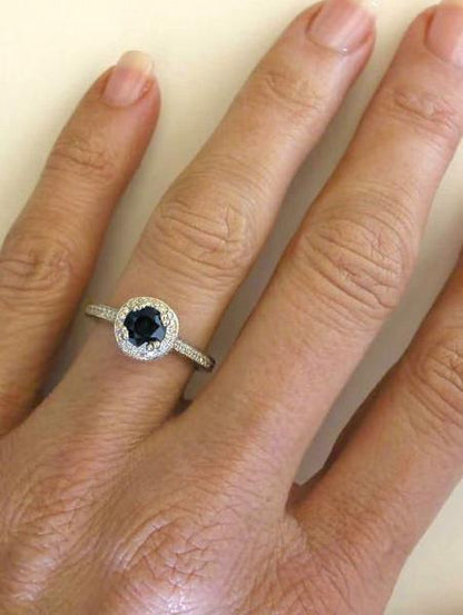 Bridal Set: 1.44 ctw Round Cut Sapphire and Diamond Ring in 14k white gold with Matching 0.18 ctw Diamond Band in 14k white gold