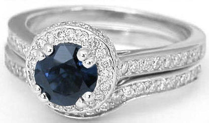 Sapphire Engagement Set- Round sapphire ring and diamond band in white gold