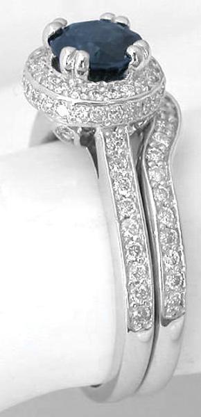 Sapphire Bridal Set- Round sapphire ring and diamond band in white gold