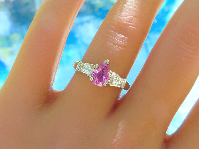 Pear Shape Pink Sapphire and Baguette Diamond Ring in 18k white gold