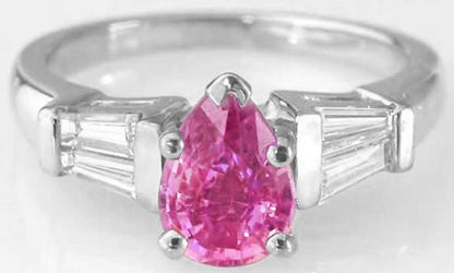 Pear cut natural pink sapphire engagement ring in 18k white gold