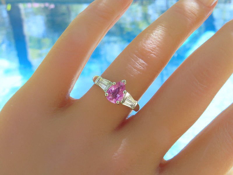Tailored Pear Shape Pink Sapphire and Baguette Diamond Ring in 18k white gold
