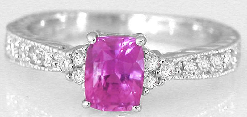 Natural Bright Pink Sapphire Engagement Ring with Cushion Cut Real Sapphire in 14k white gold band for sale