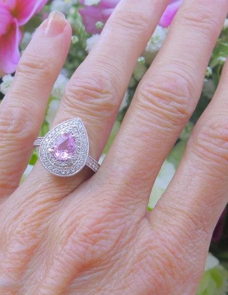 Pear Cut Natural Light Pink Sapphire Ring with Double Real Diamond Halo in solid 14k white gold for sale