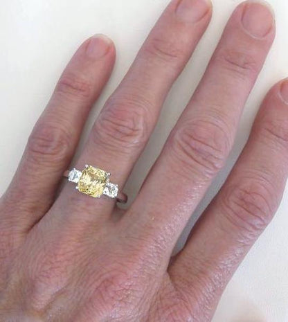 Unheated Radiant Yellow Sapphire and White Sapphire 3 stone Engagement Ring in 14k white gold
