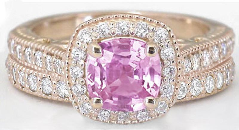 Cushion Pink Sapphire and Diamond Engagement Ring in 14k rose gold