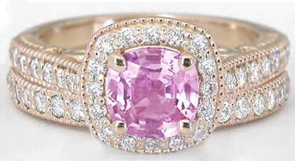Cushion Pink Sapphire and Diamond Engagement Ring in 14k rose gold