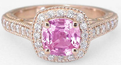 Halo set natural pink sapphire engagement ring in 14k rose gold