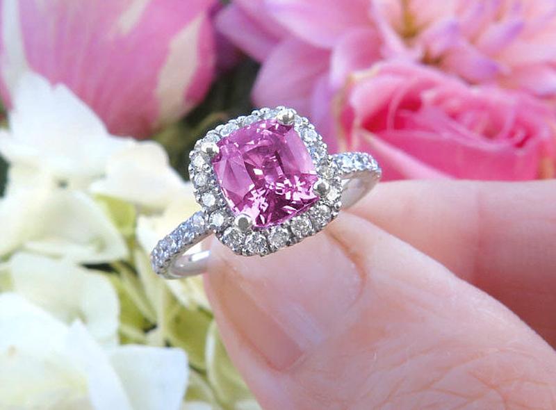 Cushion Cut Natural Bubble gum Pink Sapphire Engagement Ring with Real Diamonds in simple solid 14k white gold for sale