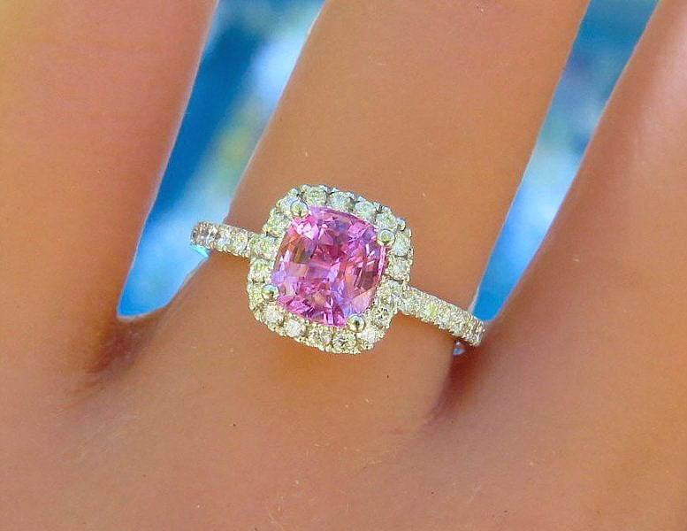 14k white gold Cushion Natural Pink Sapphire and Diamond Halo Engagement Ring
